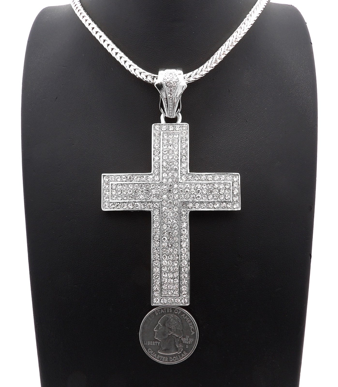 NEW ICED BLING CROSS PENDANT &4mm 20” FRANCO CHAIN