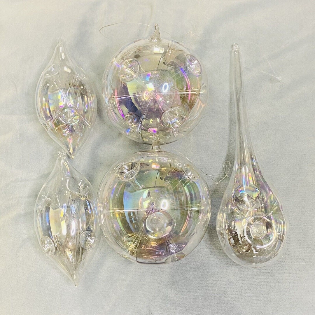 Christmas Tree Holiday Ornaments Clear Glass lot Trumpet Indents Iridescent Big