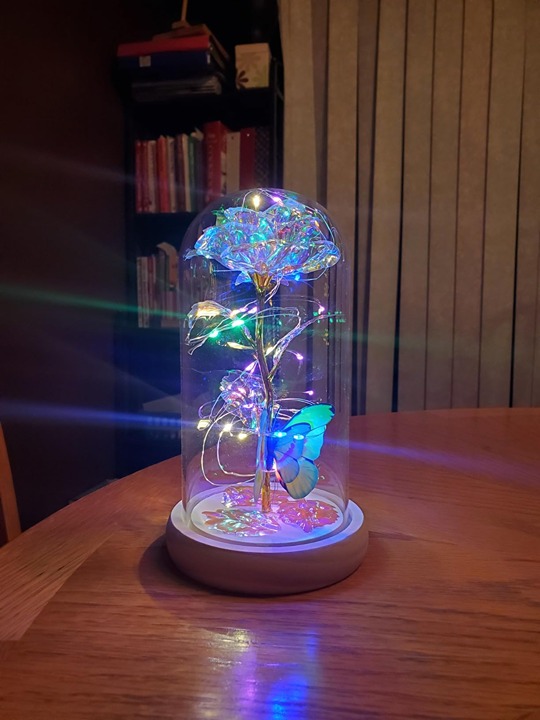 Glass Rose Wooden Base Colorful Led Light Mothers Day Special Gift