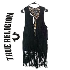 True Religion Boho Leather Leopard Print Fringe Black Vest Size Medium NWT