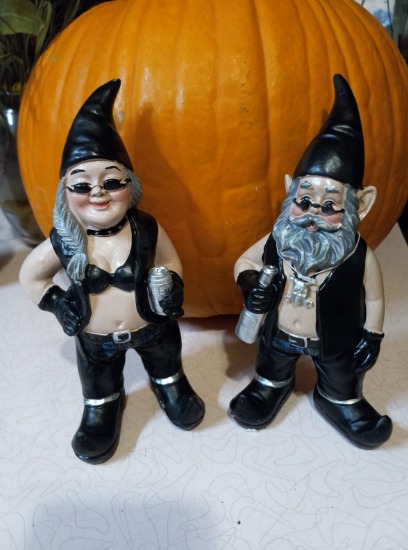 Gnoschitt and Gnofun Thirsty Biker Garden Gnome Statues 7.5 Inches High