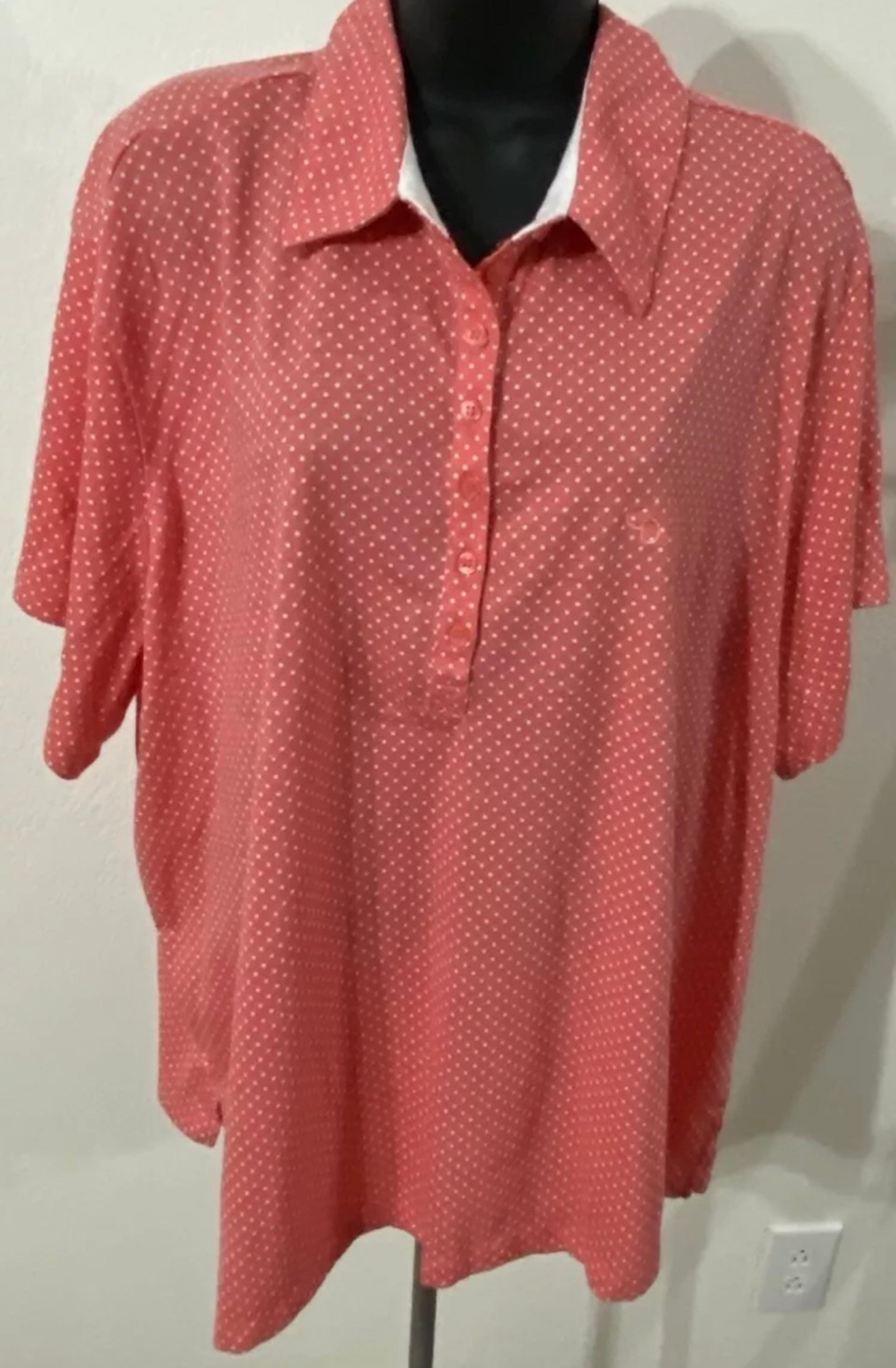 Rebecca Malone top blouse, short sleeve button front red white polkadot women, XL