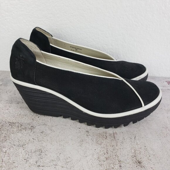 Fly London Yuka Shoes Black Leather Nubuck Comfort Slip On Wedges Black size 38