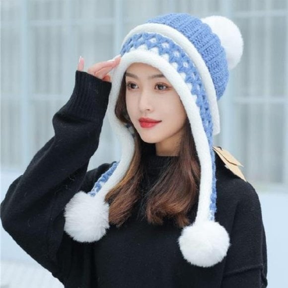 Blue Pompom Cable Knit Peruvian Beanie Hat Fluffy Slouchy Winter Trapper Hat
