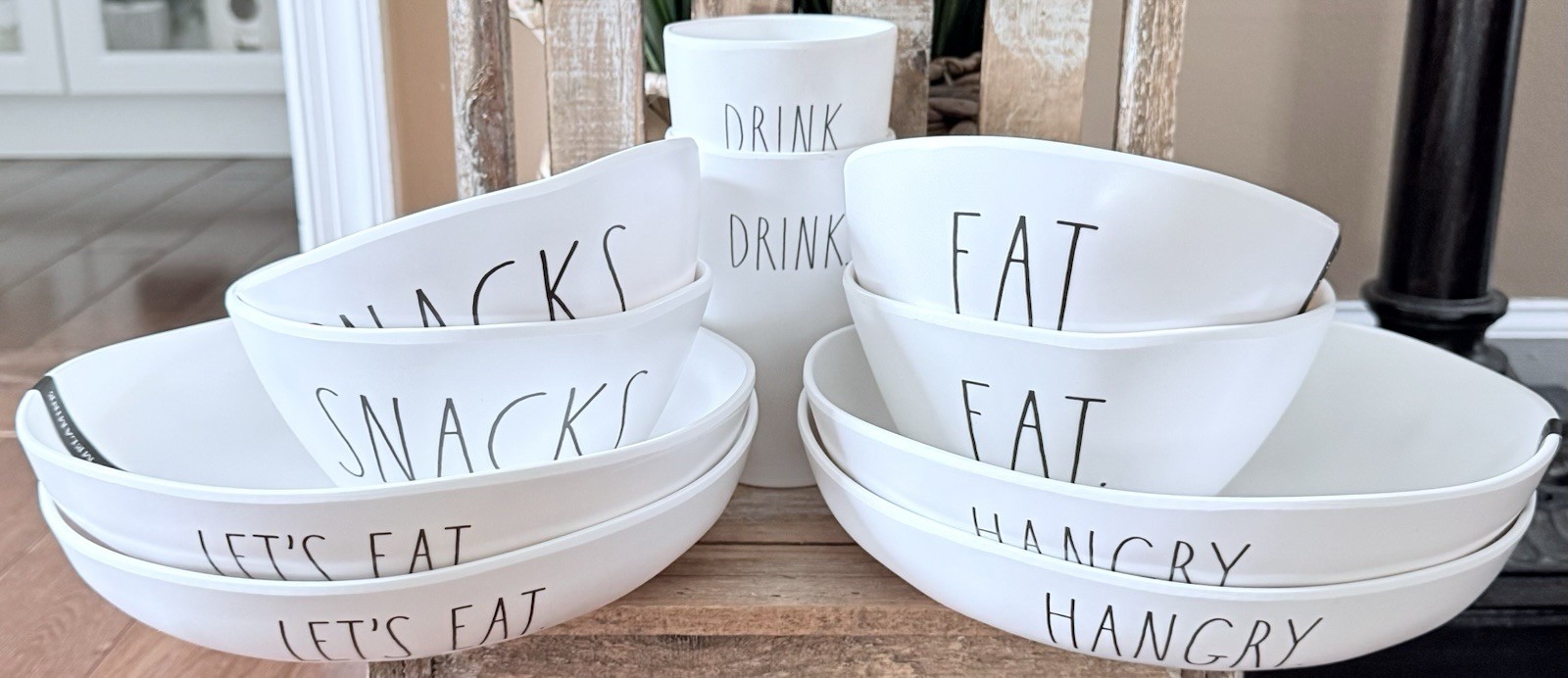 NEW RAE DUNN MELAMINE Bundle: 4 Pasta Bowls, 4 Salad Bowls, 2 Cups In-& Outdoor