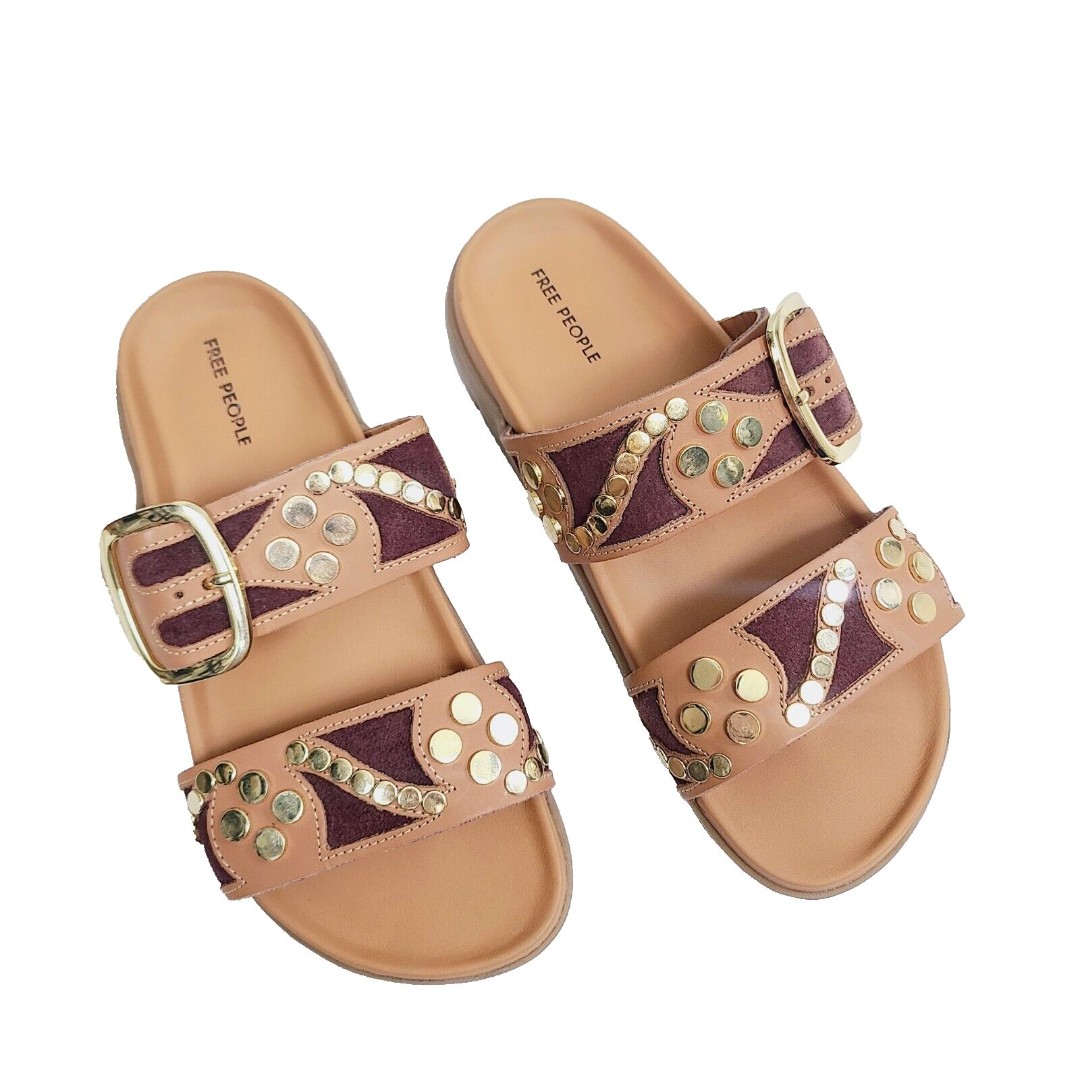 NEW Free People Revelry Studded Sandals 6.5 Brown Leather Slip-On Buckle Slides