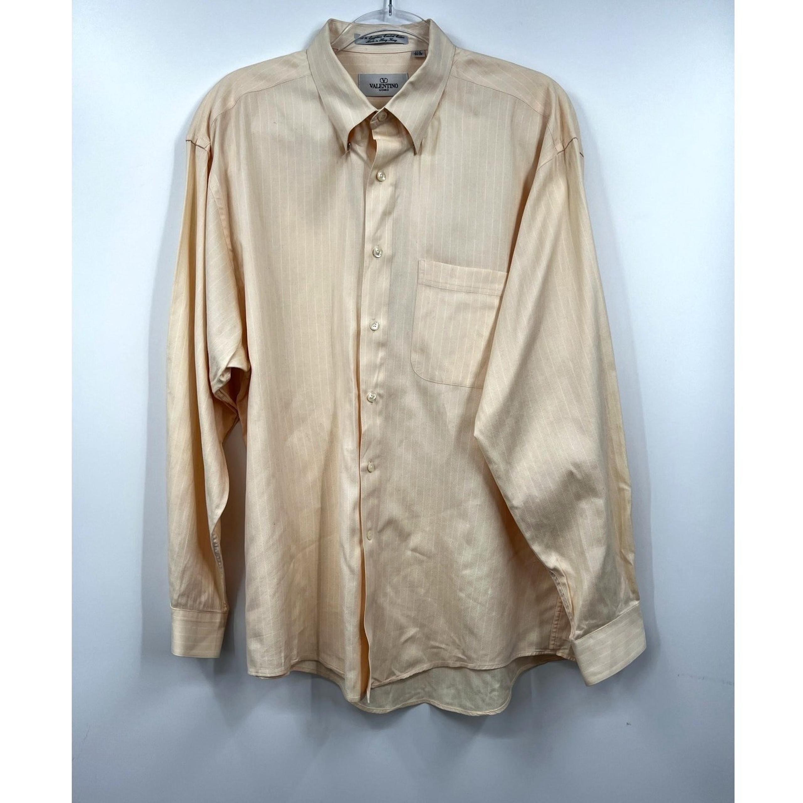 Valentino Shirt Mens Cream Peach Striped Long Sleeve Pocket Dress Size 17.5