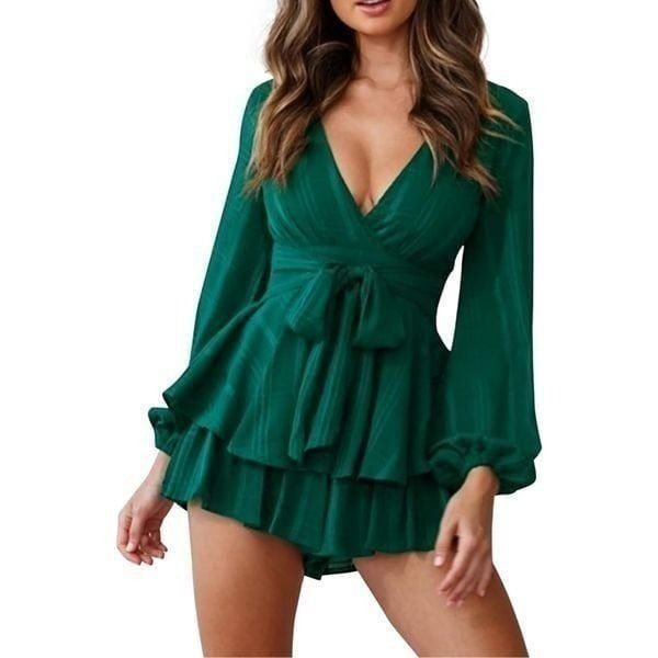 NEW Green Rompers V Neck Waist Tie Layered Ruffle Hem S