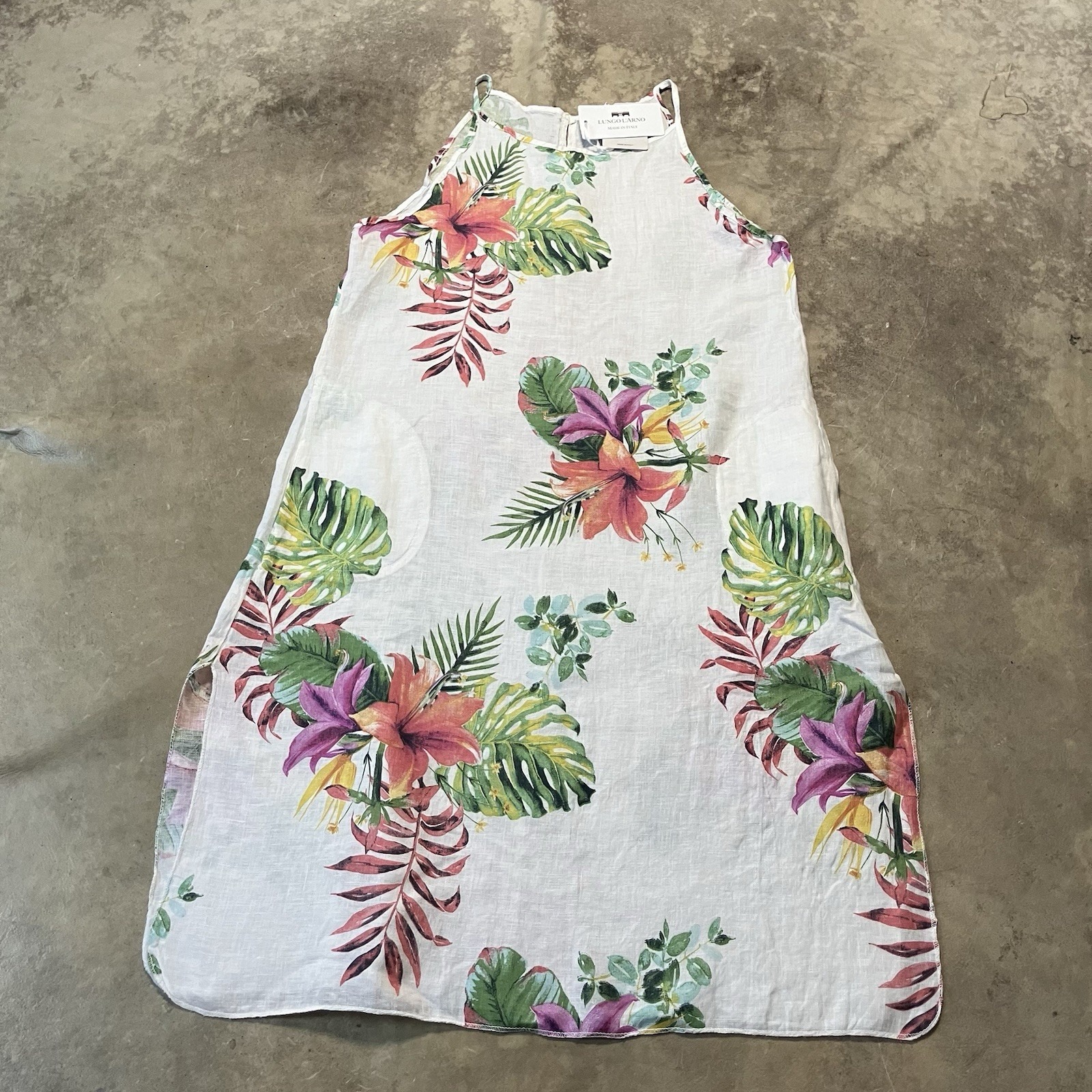 Lungo L'arno Linen Dress Womens Size Large White Floral Midi Coastal Beach