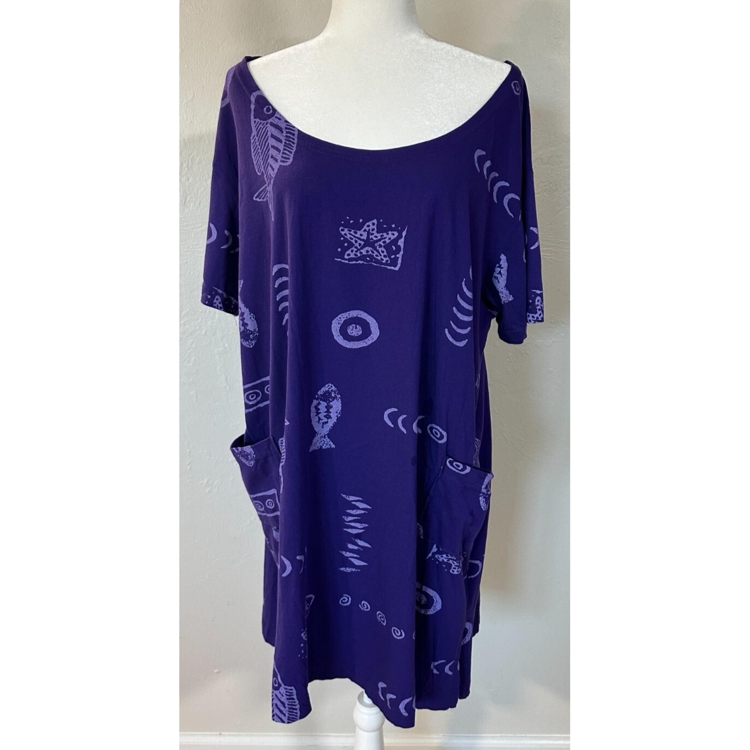 Vintage Ingear Resort 90s Women's Shift Swing Dress Purple Fish Pattern Size XXL