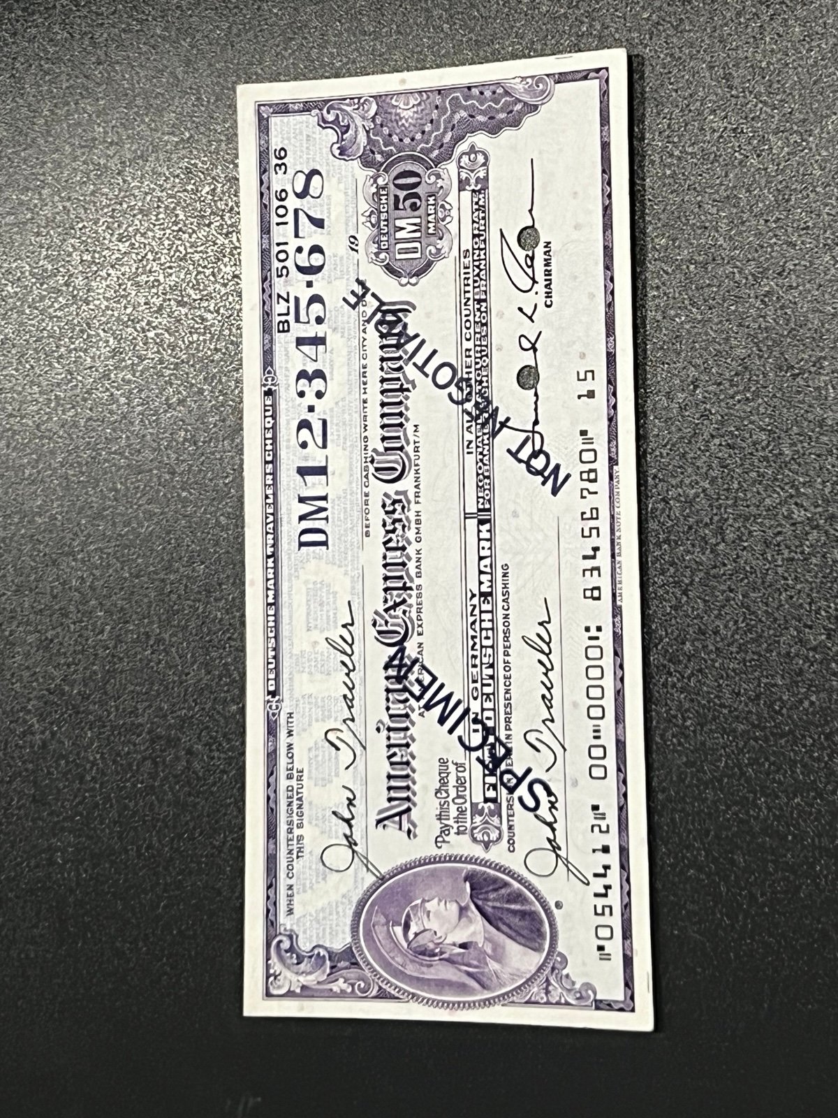 American Express Company Travelers Check Specimen 50 Mark German