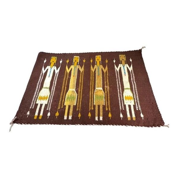 Antique Navajo rug ; Four Yei figures holding prayer rattles c 1930-40 31 x 21