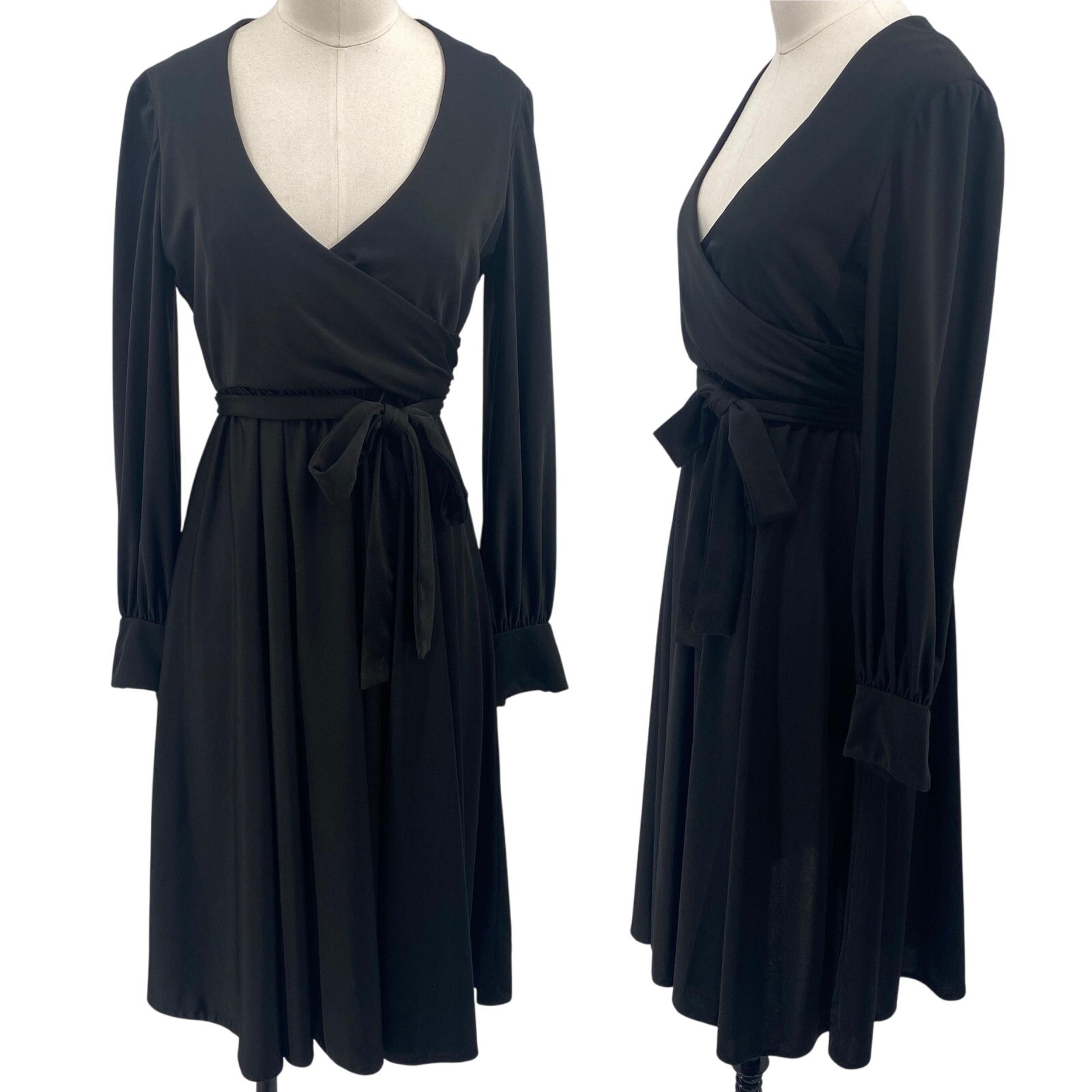 Vintage 70s Kasper Faux Wrap Midi Dress Belted Long Sleeve V Neck Black Small