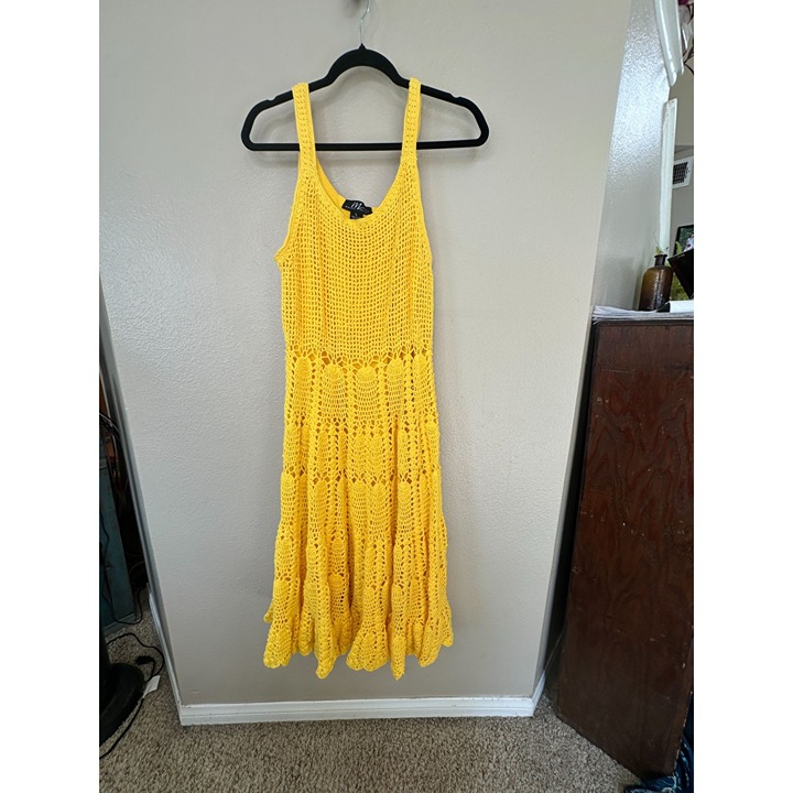 Midnight Velvet Womens Yellow Dress Large crochet sleeveless long cotton