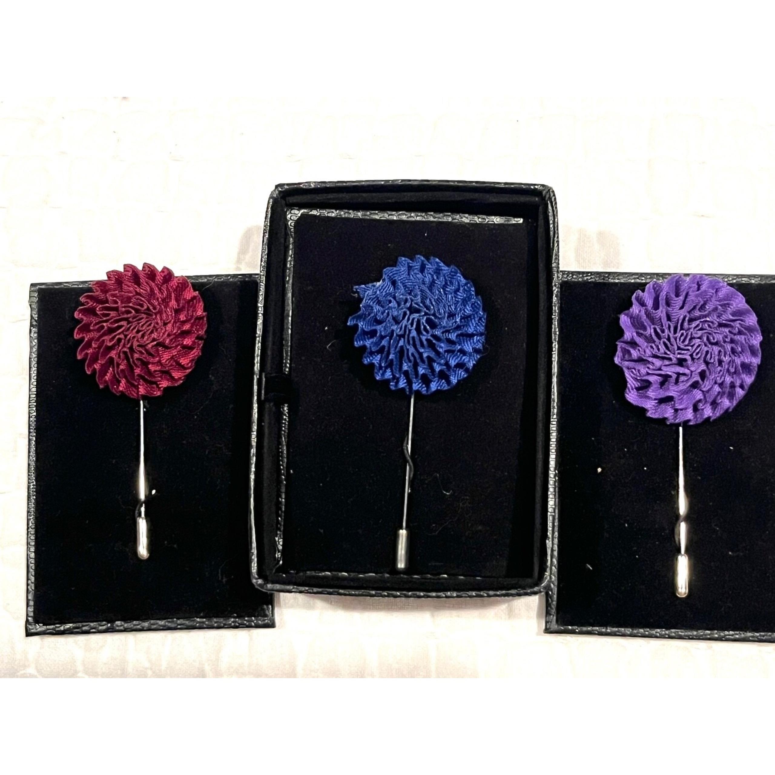 Vesuvio Napoli Set of 3 Designer Lapel Pins – Burgundy, Blue & Purple Satin