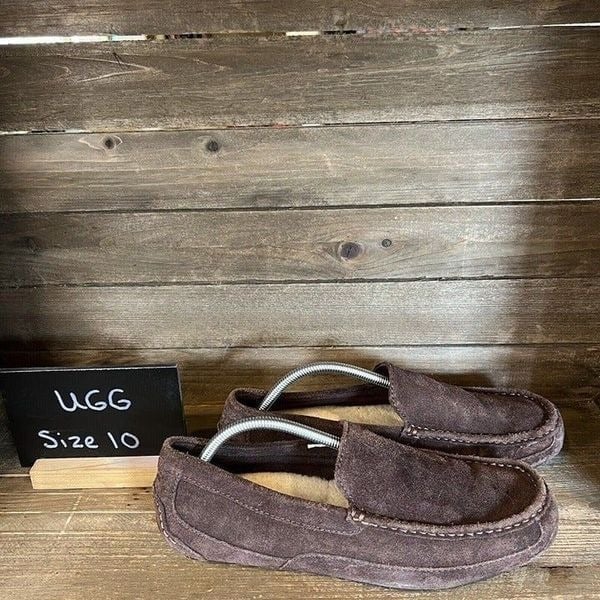 Mens UGG Ascot Dark Brown Suede Lined Slippers Shoes Moccasins Loafers Size 10 M