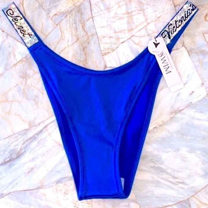 Small Victorias Secret Swim BOMBSHELL BIKINI BOTTOM Silver Shine Strap Blue