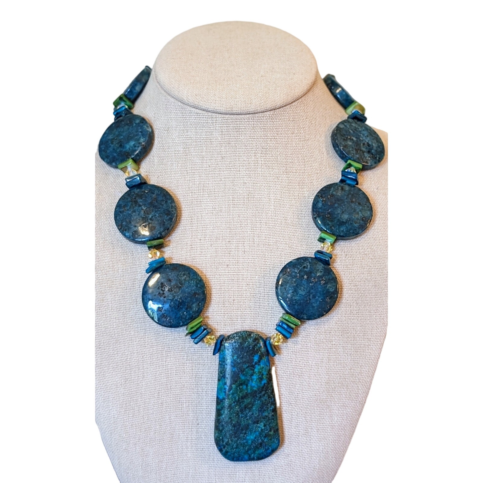 Chunky Heavy Blue Green Stone W/ Silver Toggle Clasp 20 Necklace