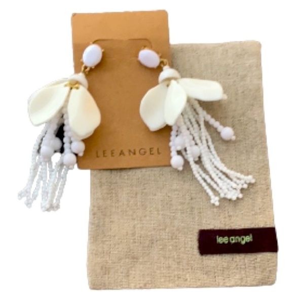 Lee Angel White Dangle Statement Earrings with Beaded Fringe, Gift-Ready Jewelry