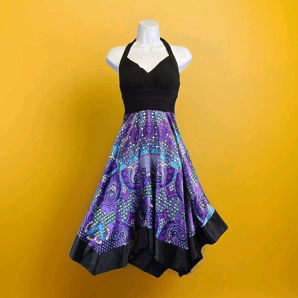 Signature Sangria Y2K Fairy Dress Womens 6 Babydoll Asymmetrical Satin Paisley