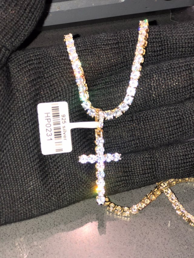 14k Gold Finish Tennis chain With Cross