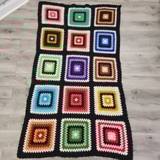 Vintage Crochet Granny Square Black Multicolor Afghan Throw Blanket 45 X 75