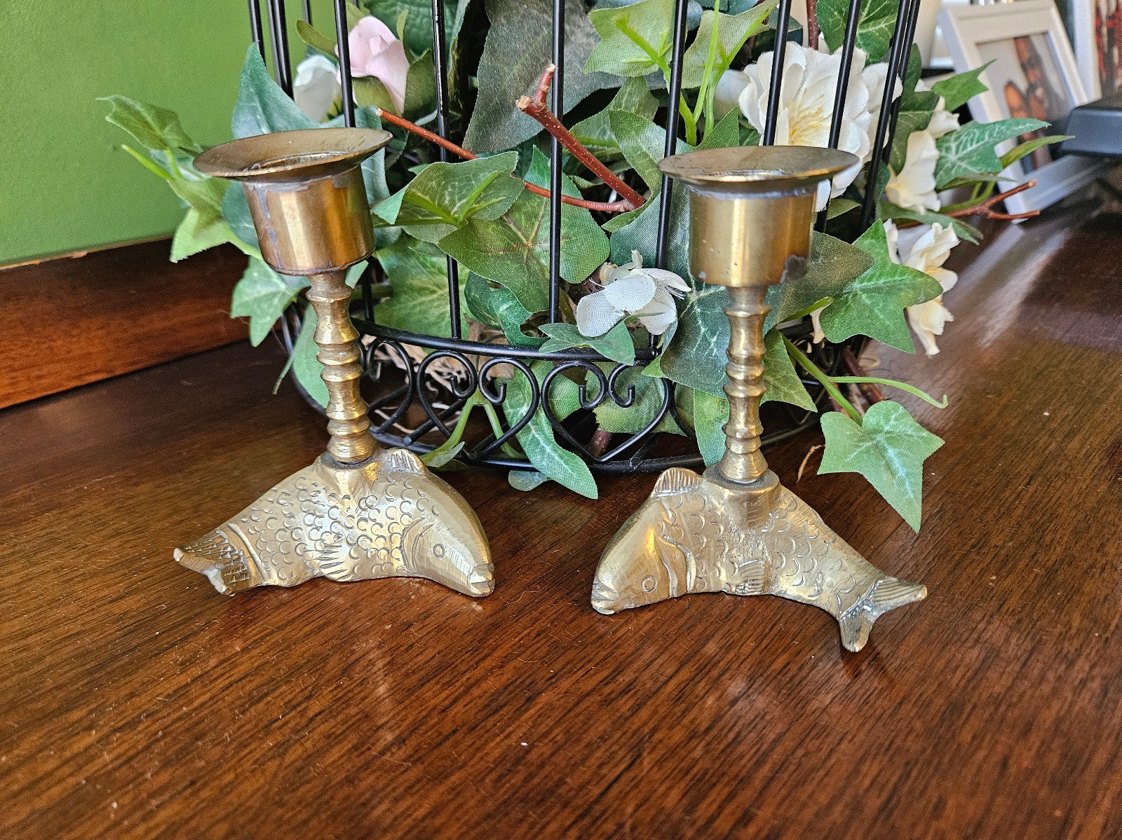 Brass Koi Candlestick Holders Pair