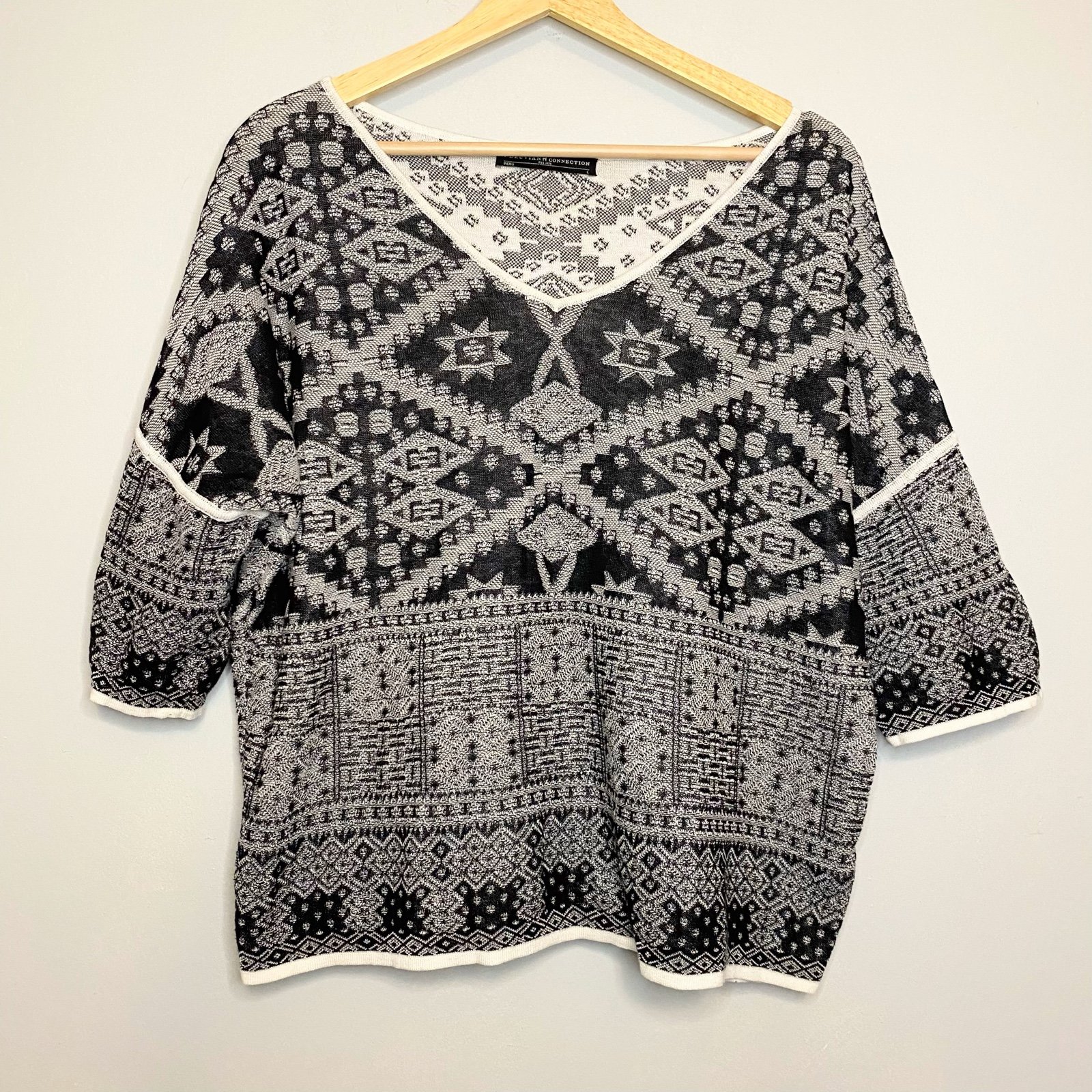 Peruvian Connection Kumasi Sweater Pullover Sz L pima cotton black white 199