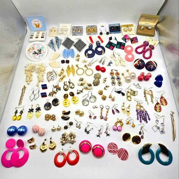 Lot of 111 Rhinestone Enamel Pierced Earrings Faux Pearl Stud Dangle Drop Silver