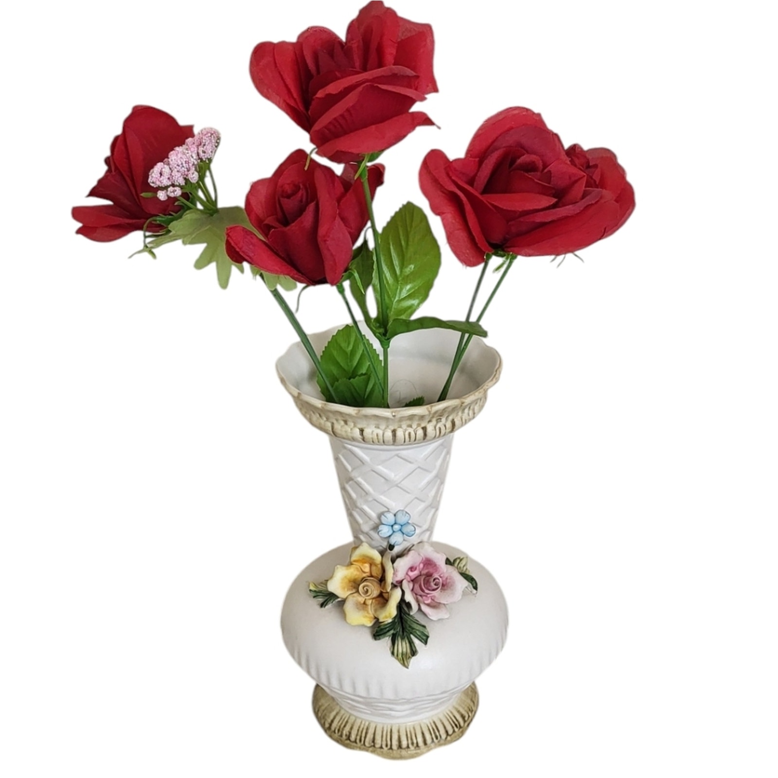 9.5” Vintage Capodimonte Italy Vase Lattice Hand-Applied Roses Flowers Round Urn