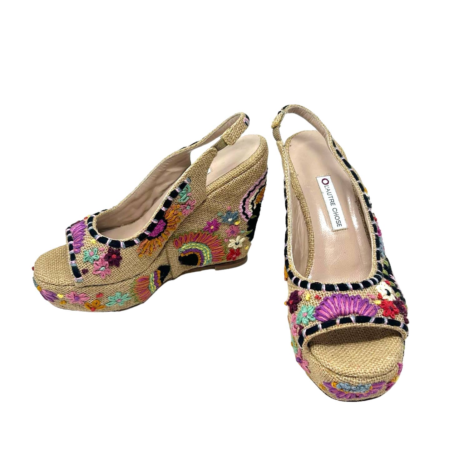 L'AUTRE CHOSE Floral Embroidered Wedge Sandals Size 37 / US 6.5