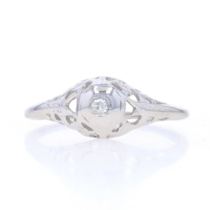 White Gold Diamond Art Deco Solitaire Engagement Ring 18k Single Floral V1569
