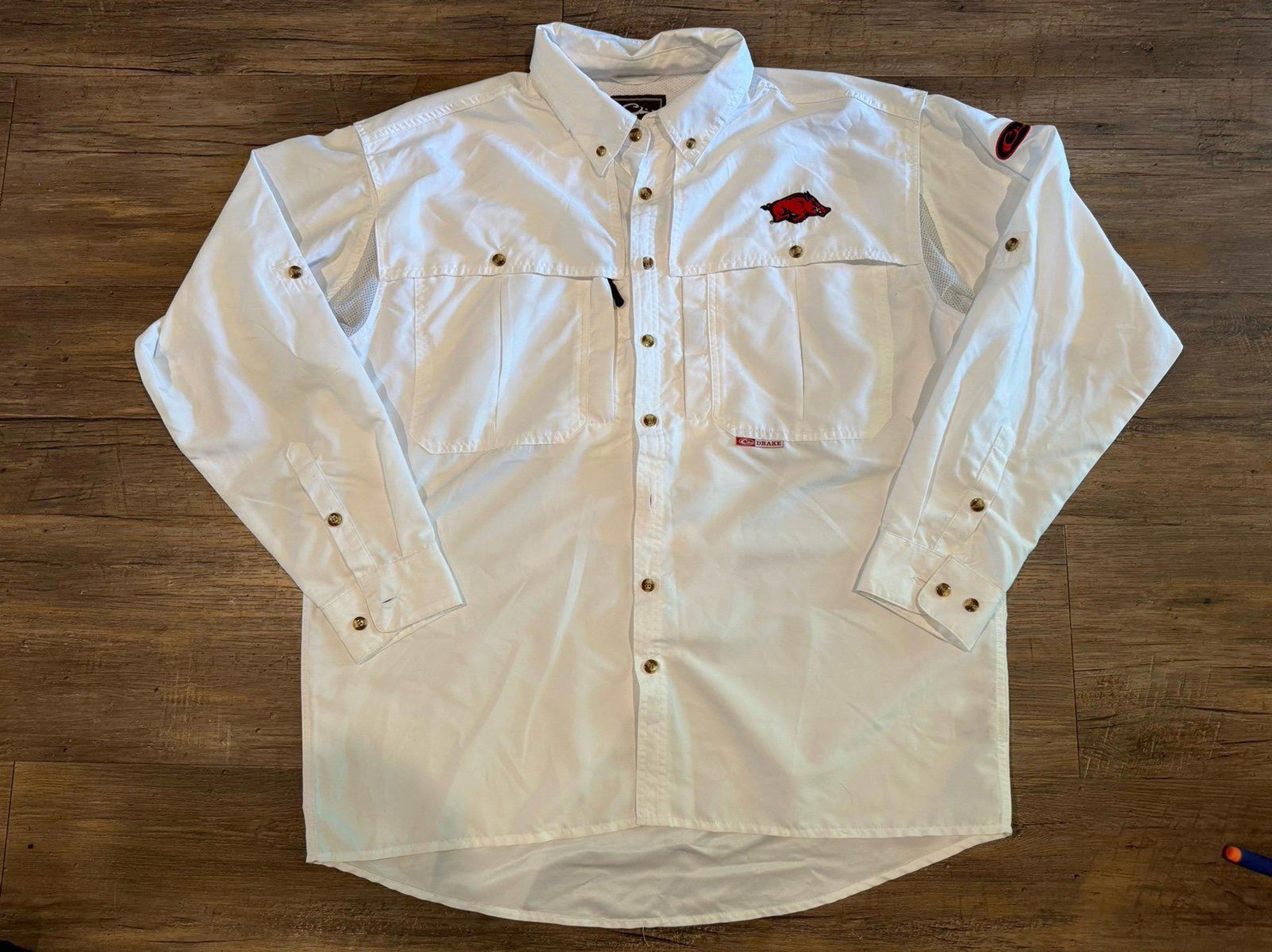 Drake Arkansas Razorbacks White Mens Button Down Shirt Sz Lg EUC