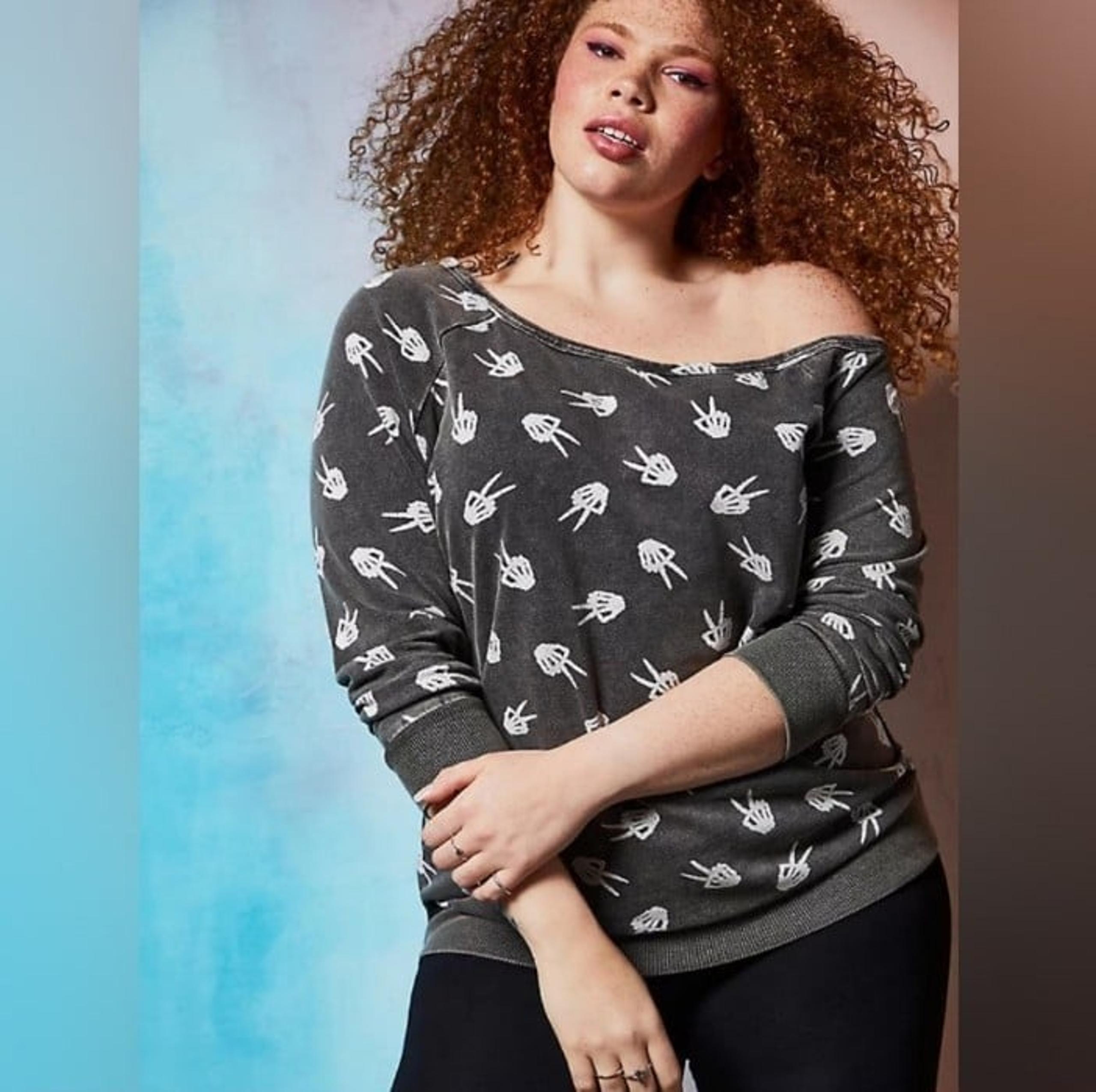 TORRID LoveSick Skeleton Hands off shoulder sweater 00