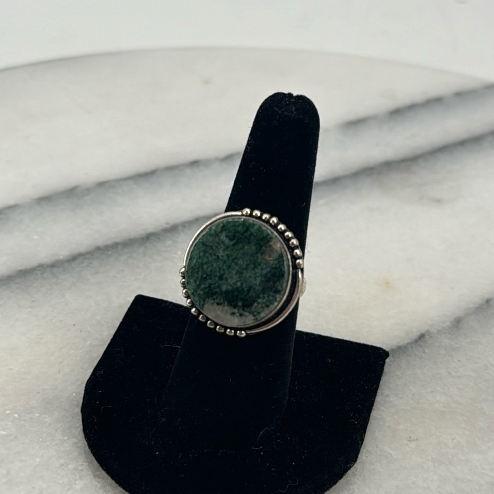 Sterling silver circle Moss agate adjustable ring