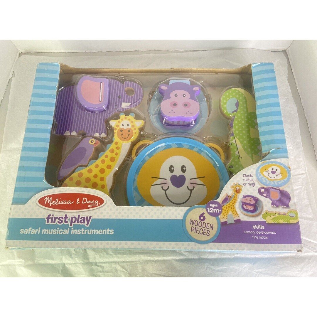 Melissa and Doug First Play Safari Animals Musical Wooden Instruments Set NEW