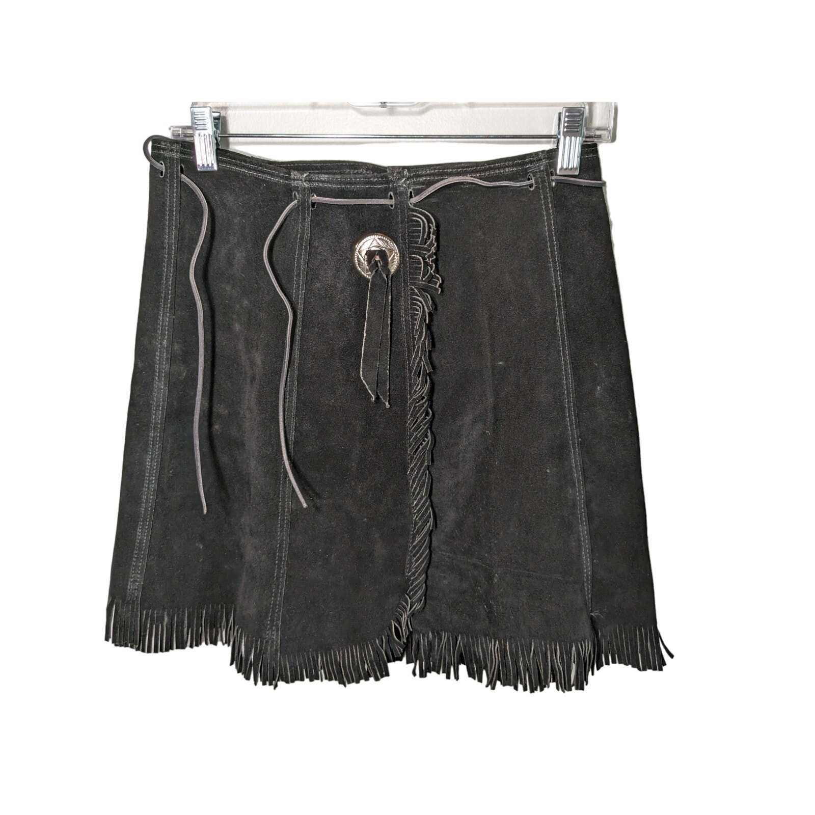 Vintage Steer Brand Suede Leather Fringe Skirt Western Size Large Black