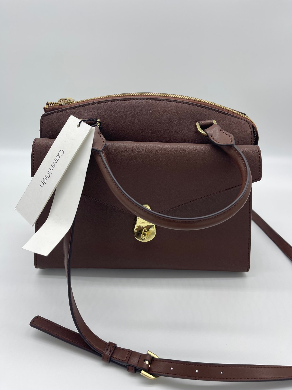 Calvin Klein Lock Daytona Leather Medium Statement Satchel - Walnut Women Hands