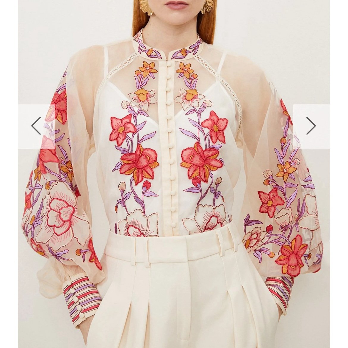 Floral Placed Embroidery Organdie Woven Blouse