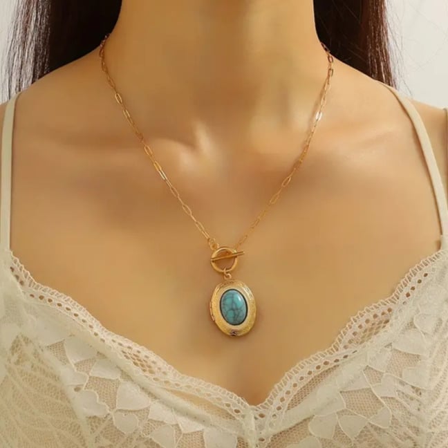 14K Gold Turquoise Womens Picture Locket Paperclip Anchor Necklace Photo Pendant