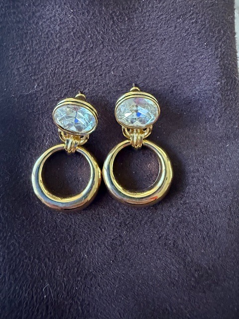 Vintage GIVENCHY Gold Tone Rhinestone Door Knocker Dangle Pierced Earrings 80’s