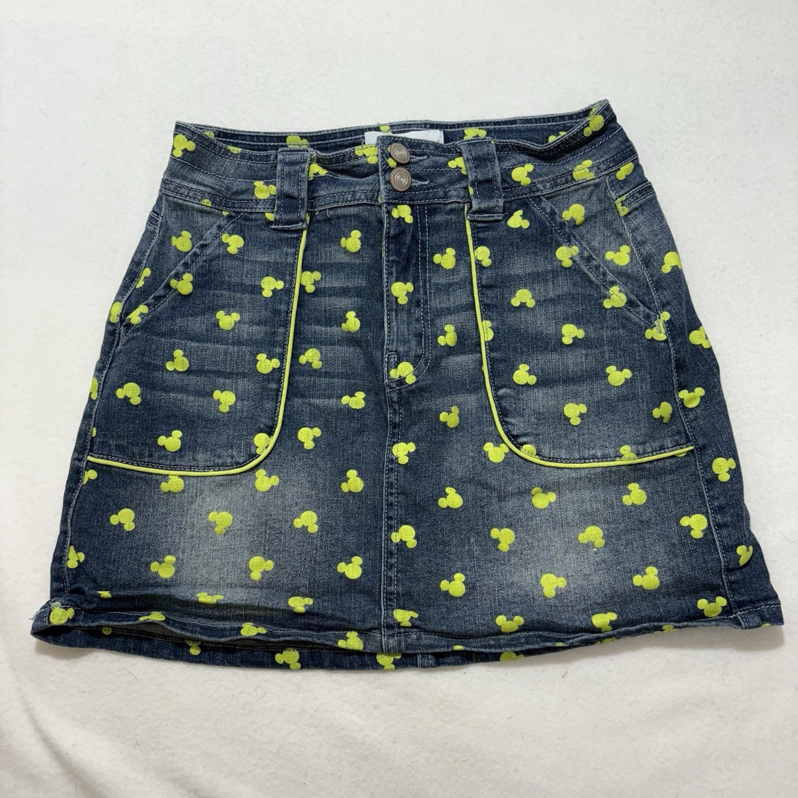 Disney Parks Women’s Small Denim Mini Skirt Mickey Mouse Neon Pattern Blue Jean