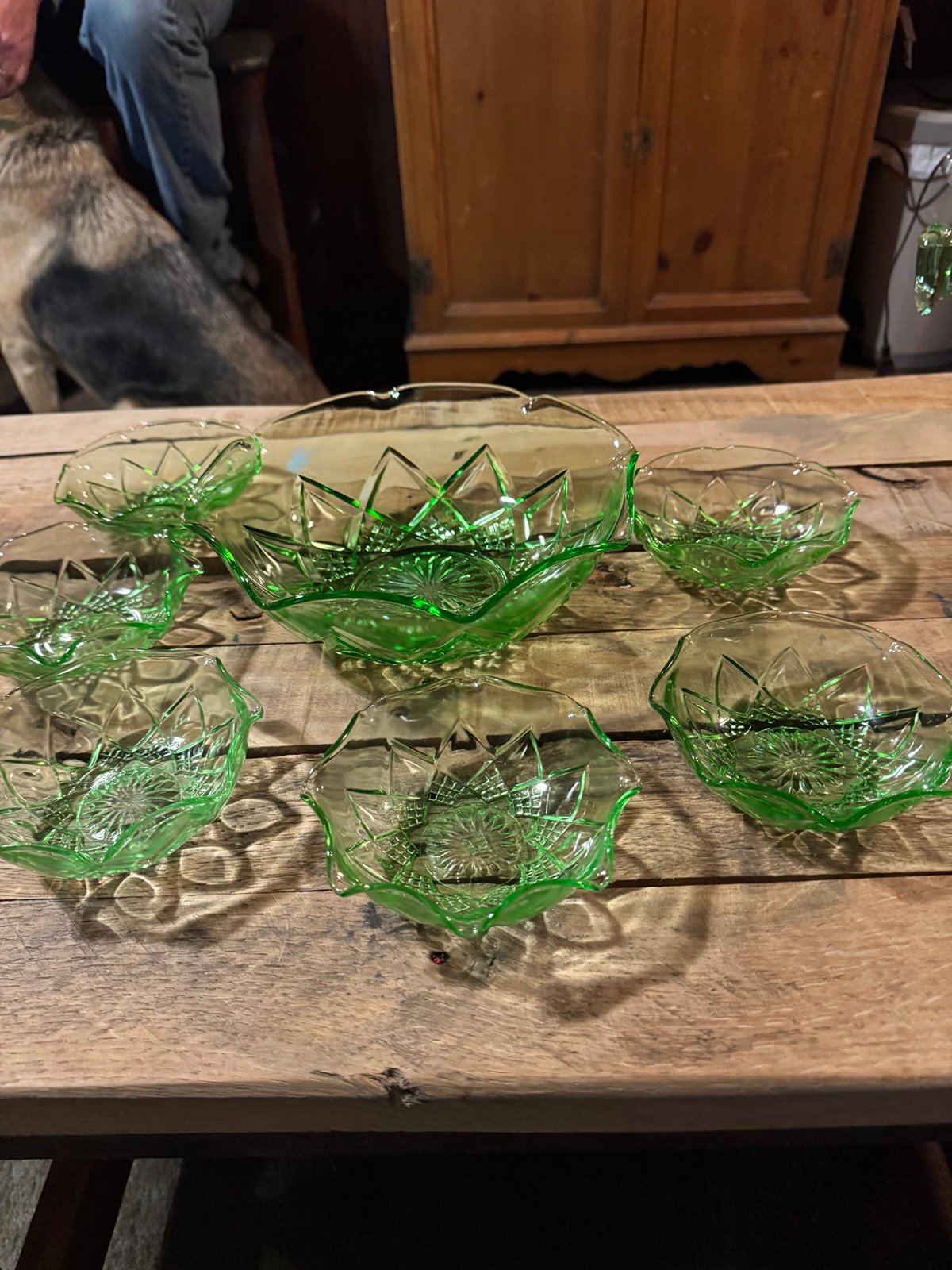Uranium Glass Berry bowl with 6 small serving bowls