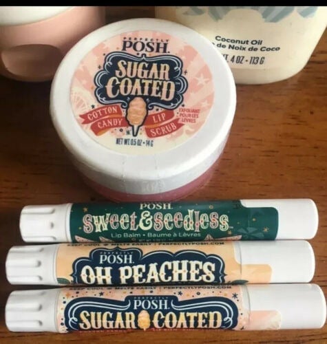 Perfectly Posh Sugar Coated Lip Scrub & All 3 Lip Balms Peach, Watermelon, Sugar