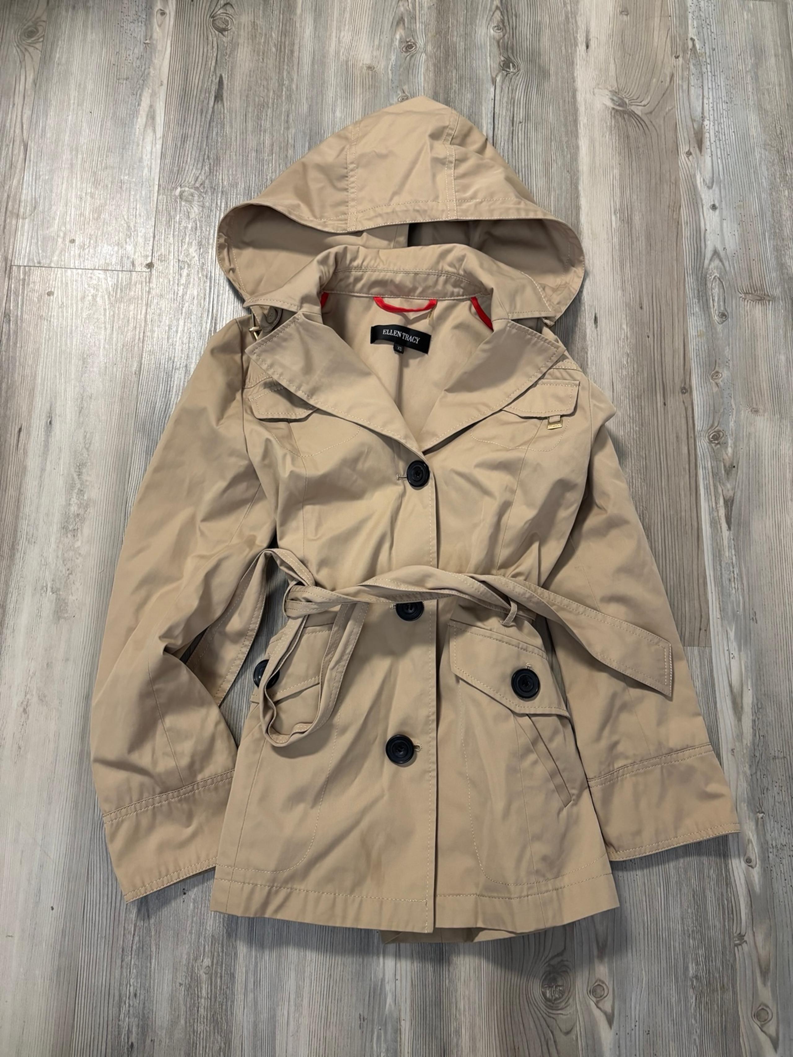 Ellen Tracy Size XS Tan Hooded Trench Coat with Belt chest is 16 length is 23