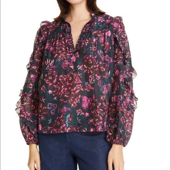 NWOT Ulla Johnson Silk Blend Ruffle Sleeve Floral Blouse Top Sz 2 Long sleeve