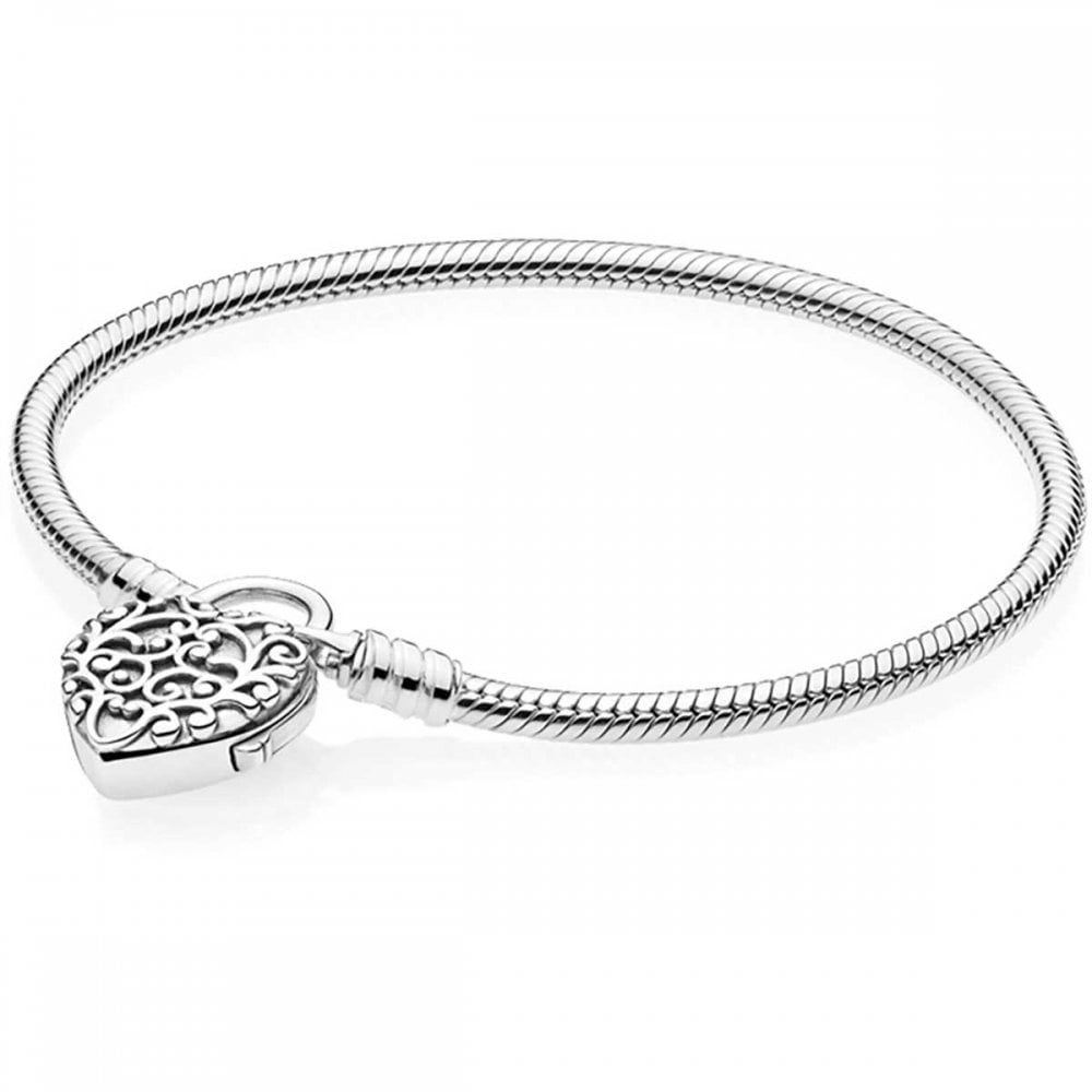 “Regal Heart Padlock” Pandora Moments Snake Chain Bracelet - 7.48 inches (19cm)
