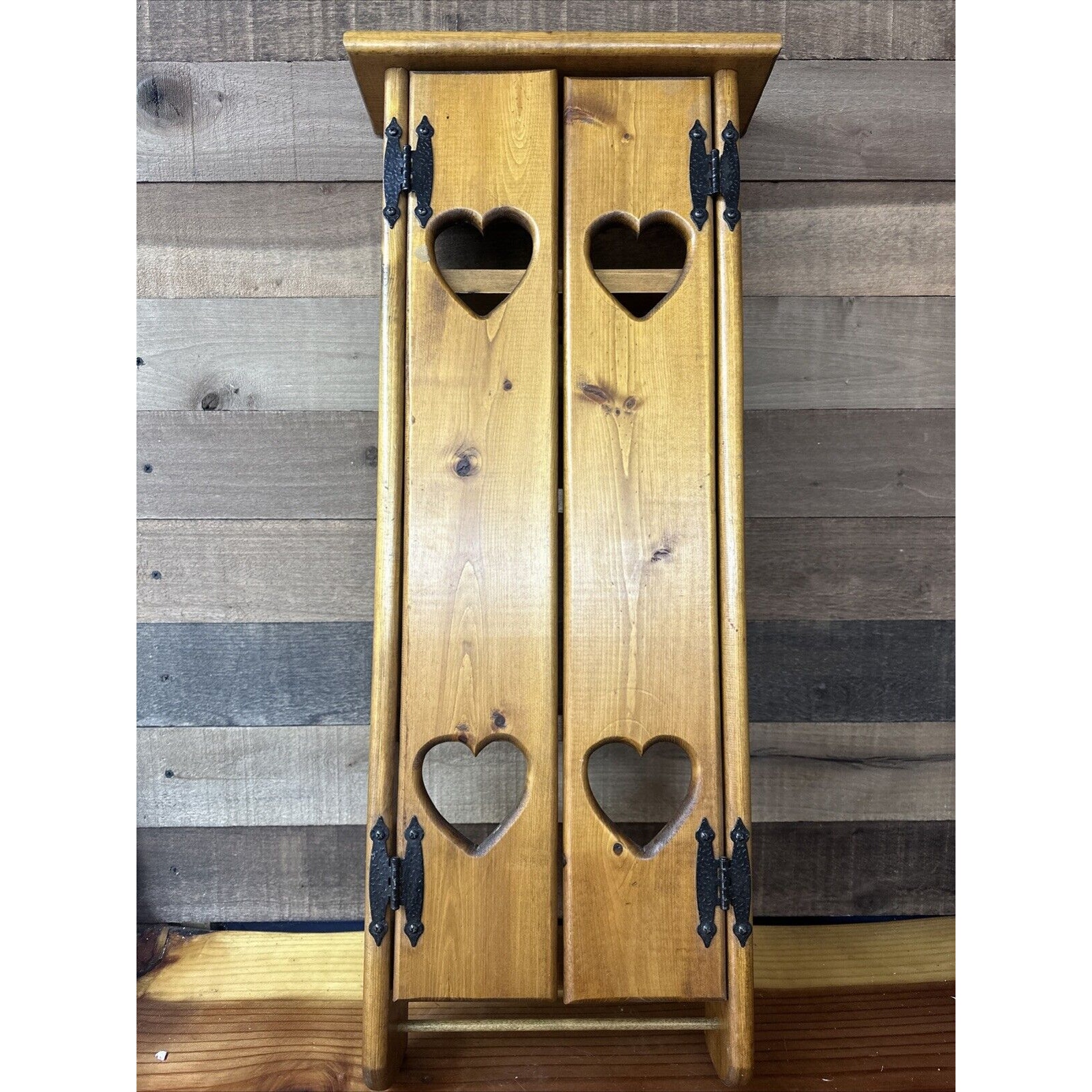 Oak Wall 4 Shelf 2 Door Cabinet Heart Cutouts 30” Tall