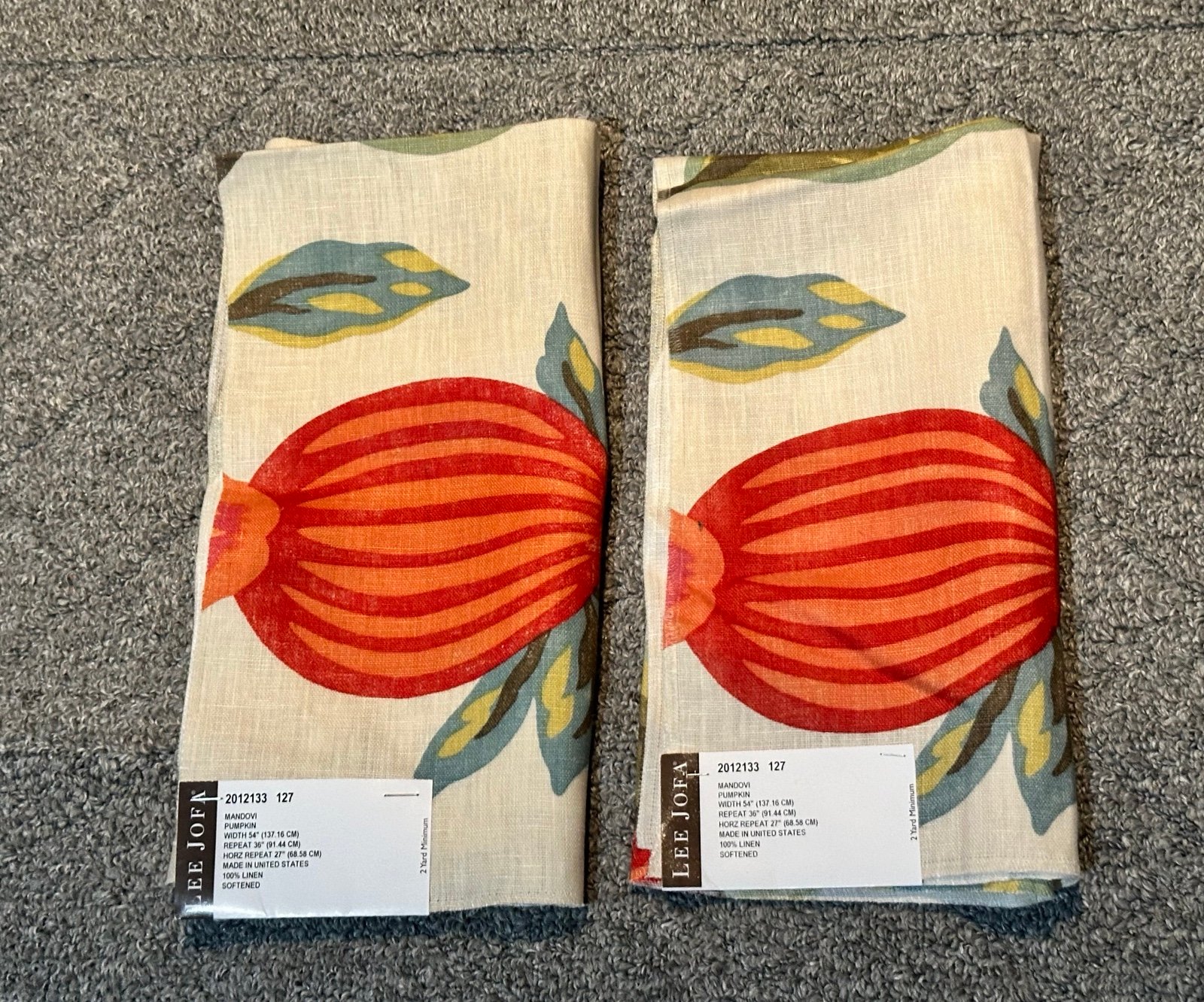 Lee Jofa Lot of 2 LJ Fabric Sample Remnants Mandovi Pumpkin 100% Linen Softened