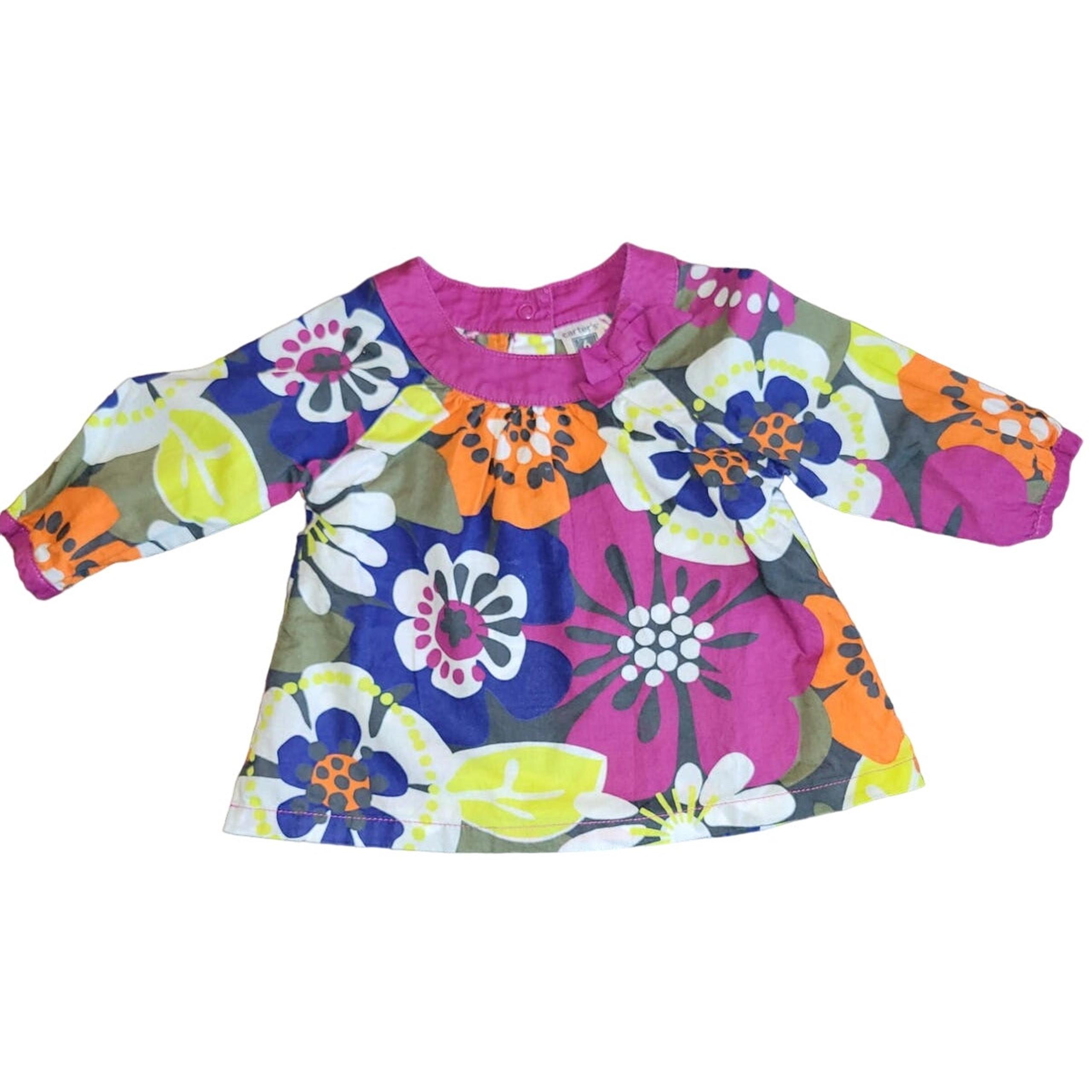 CARTER'S Colorful Floral Mod Groovy 100% Cotton Girl's Shirt Dress Size 6 mo